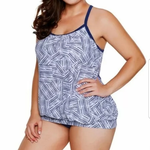 Women's Large White Navy Blue Print Tankini 2pcs - Picture 1 of 4